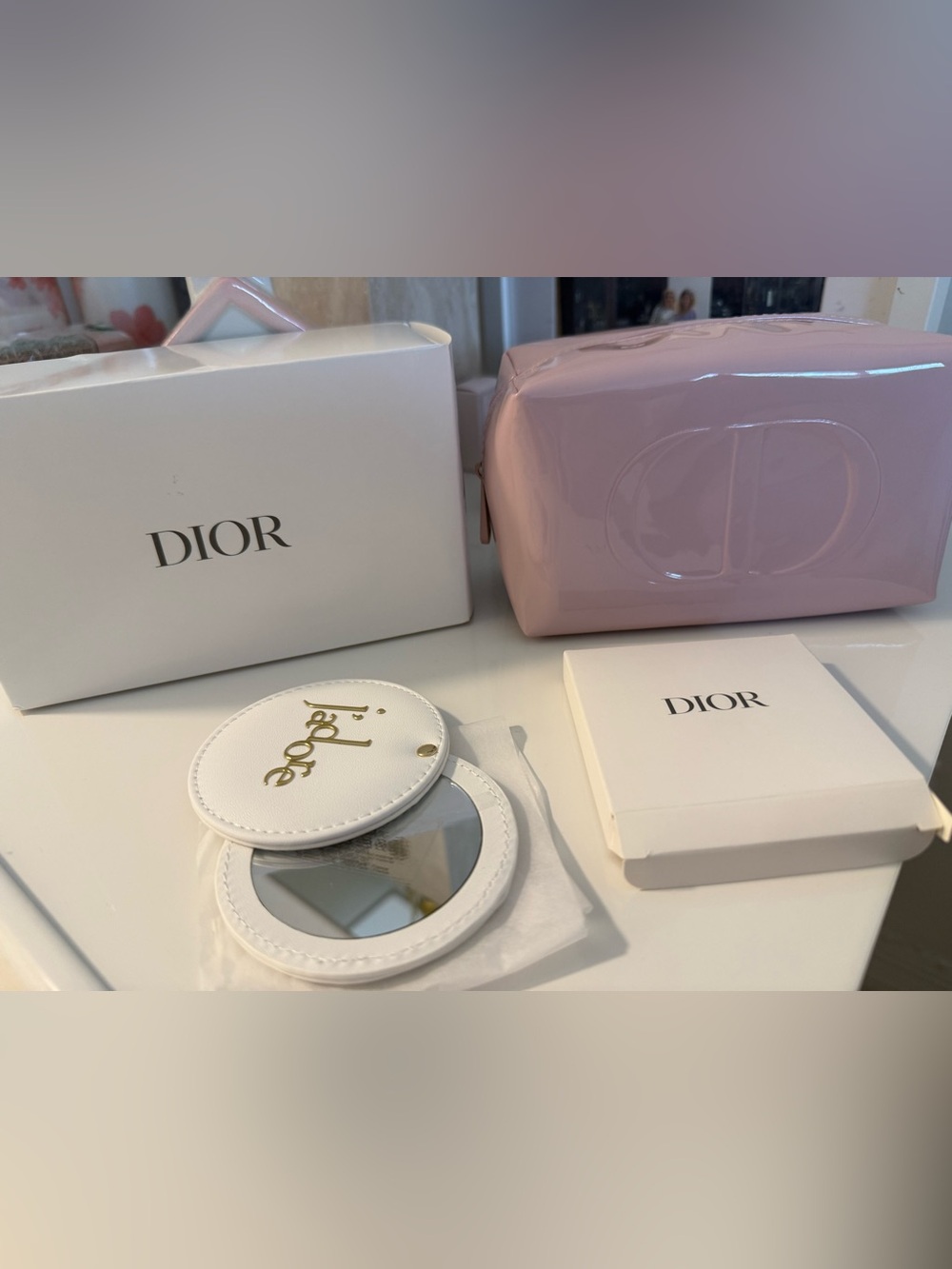 Dior Pink Patent Cosmetic Pouch with White Jadore Gold-Accent Compact Mirror